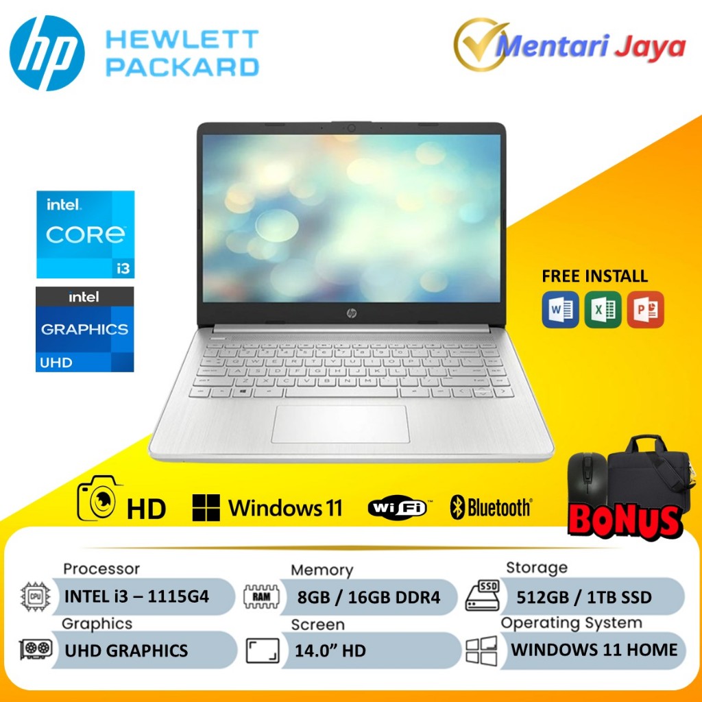 LAPTOP HP CORE i3 GEN 11 RAM 8GB SSD 256GB 512GB WINDOWS SILVER