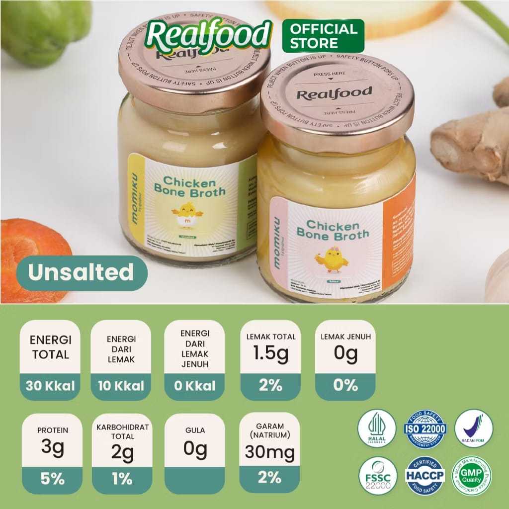 

Promo 7.7 Realfood Momiku Chicken Bone Broth Salted Dan Unsalted Kaldu Ayam Siap Konsumsi