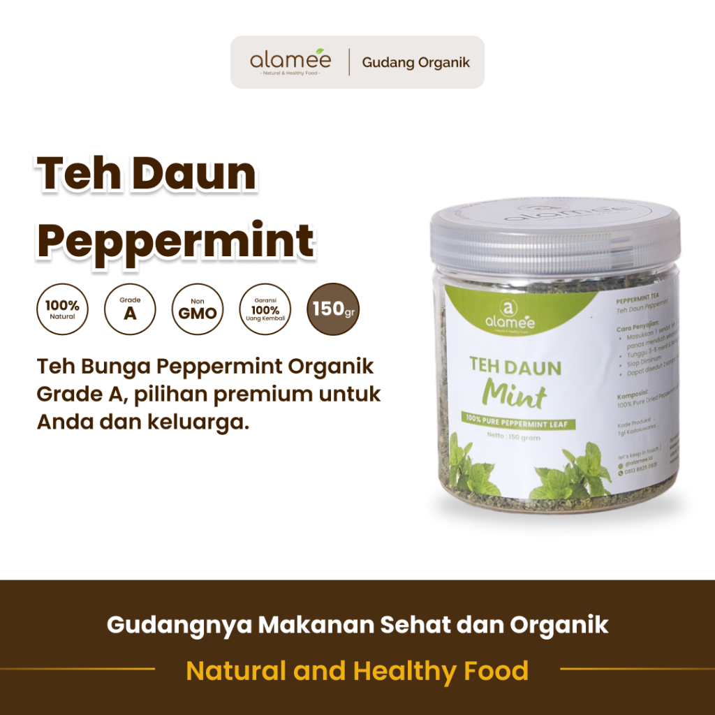 

alamee teh bunga papermint menyajikan aroma segar dengan daun kering berkualitas yang alami herbal