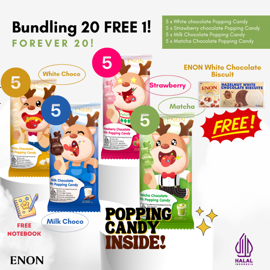 

ENON BUNDLE 20 GET ENON BISCUIT! - Chocolate Popping Candy 15gr White Chocolate Matcha Strawberry Milk Cokelat Snack Cemilan Manis