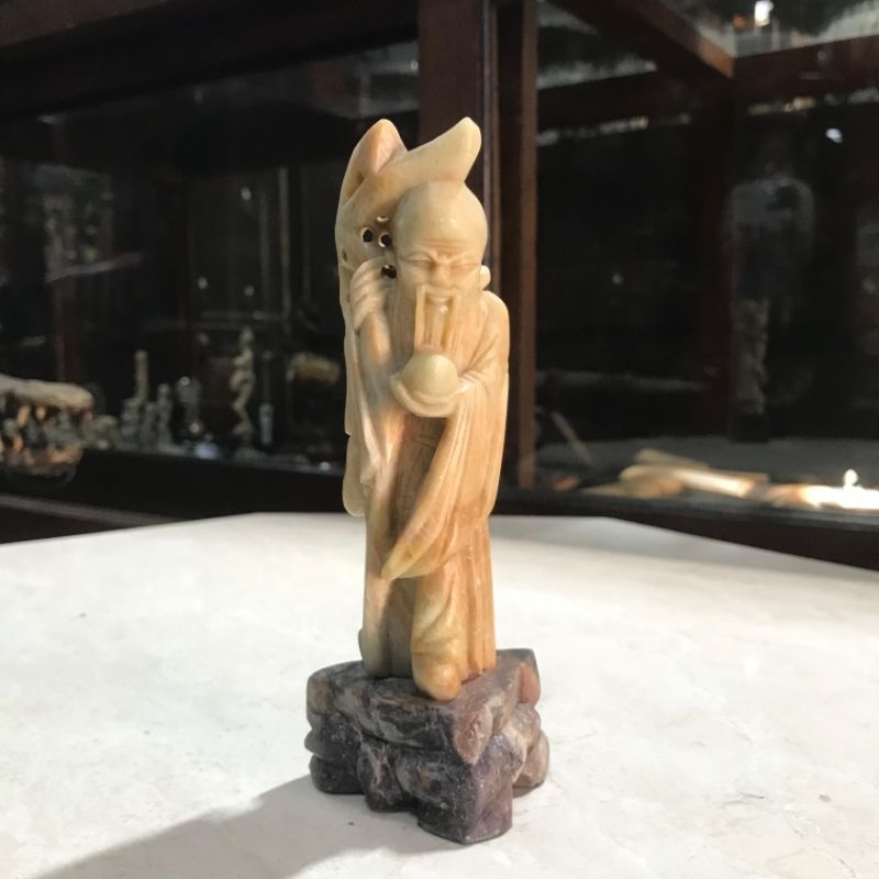 Patung Ukir Dewa China Shou Xing Batu Sabun Soapstone Lawas Tua