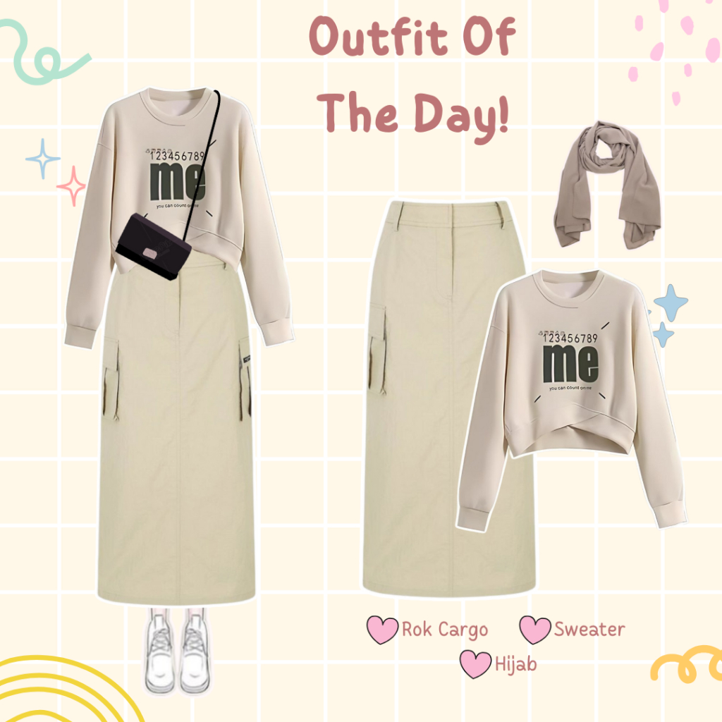 One Set 3in1 Ootd Korean Style | Rok Cargo Cream + Sweater Fleece + Hijab Paris Premium  |  Outfit A