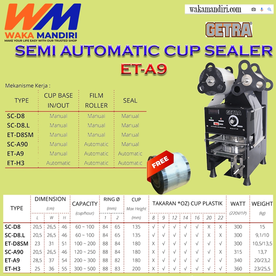 Mesin Cup Sealer Getra Semi Otomatis ET A9 Garansi Resmi