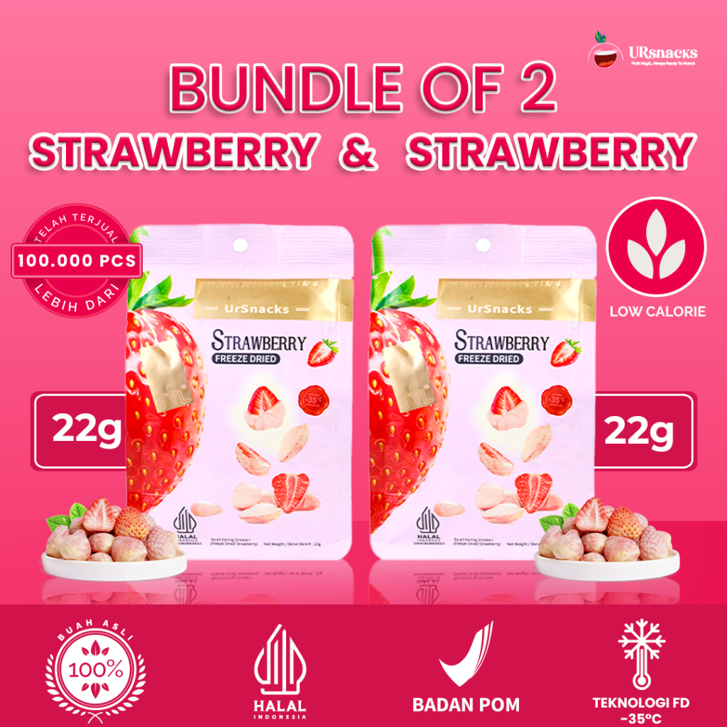 

URSNACKS Bundle Of 2 [LIVE] - Freeze Dried Keripik Sehat 2pcs Strawberry 22gr - Snack Keripik Buah Asli Halal BPOM