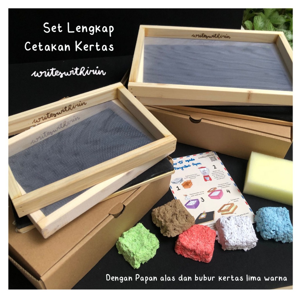 Set Lengkap DIY Cetakan/ Saringan Kertas Daur Ulang, dengan Papan dan 5 bubur kertas warna (writeswi