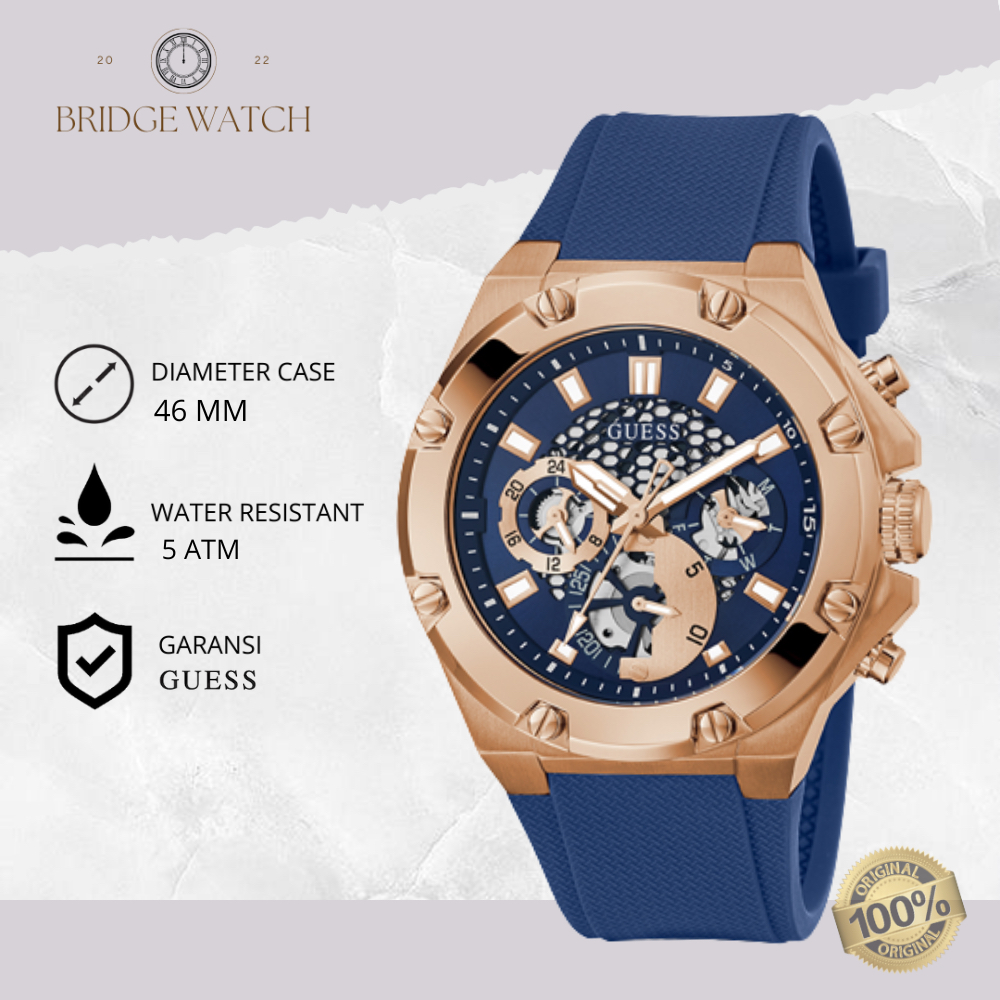 Jam Tangan Pria Guess GW0334G3 Chronograph Blue Rosegold Silicone Strap Rubber Mewah Casual Original