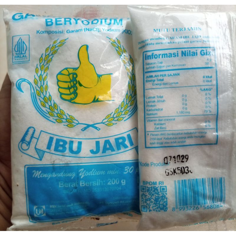 

GARAM MASAK IBU JARI BERYODIUM PUTIH BERSIH 200GR X 20PCS EXP AMAN