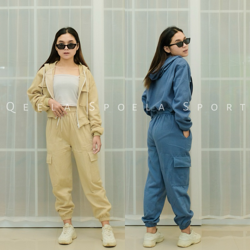 NJU Setelan Crop One Set Wanita Hoodie Zipper X Jogger Cargo Sweatpants Oneset Ootd Korean Style