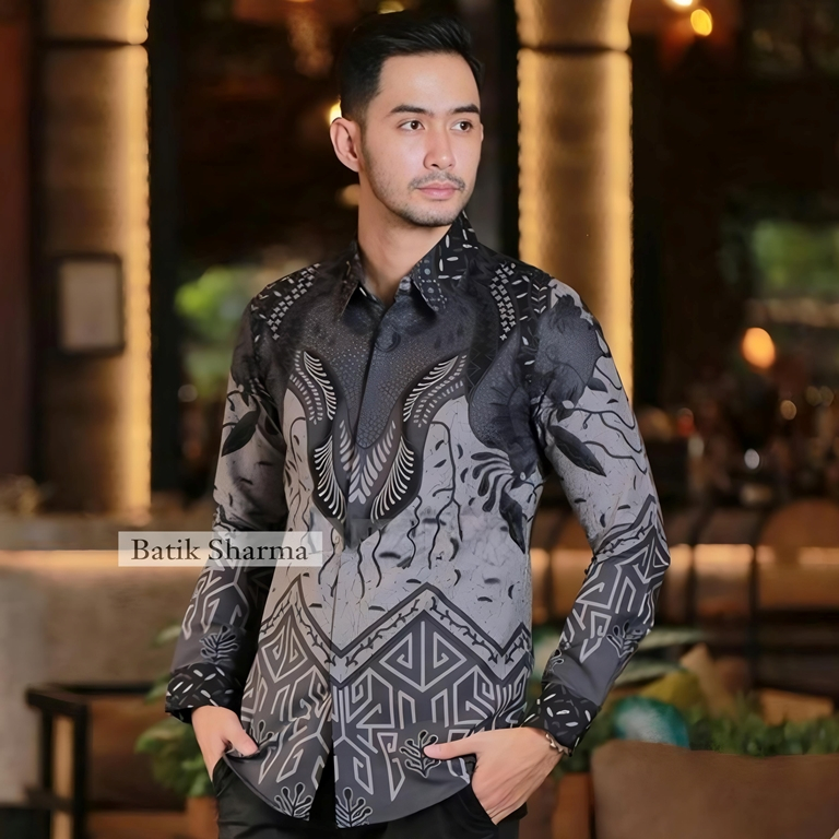Sharma Kemeja Batik Pria Lengan Panjang Dasi Abu Formal Slim Fit Casual Baju Kantor Cowok Rekomended