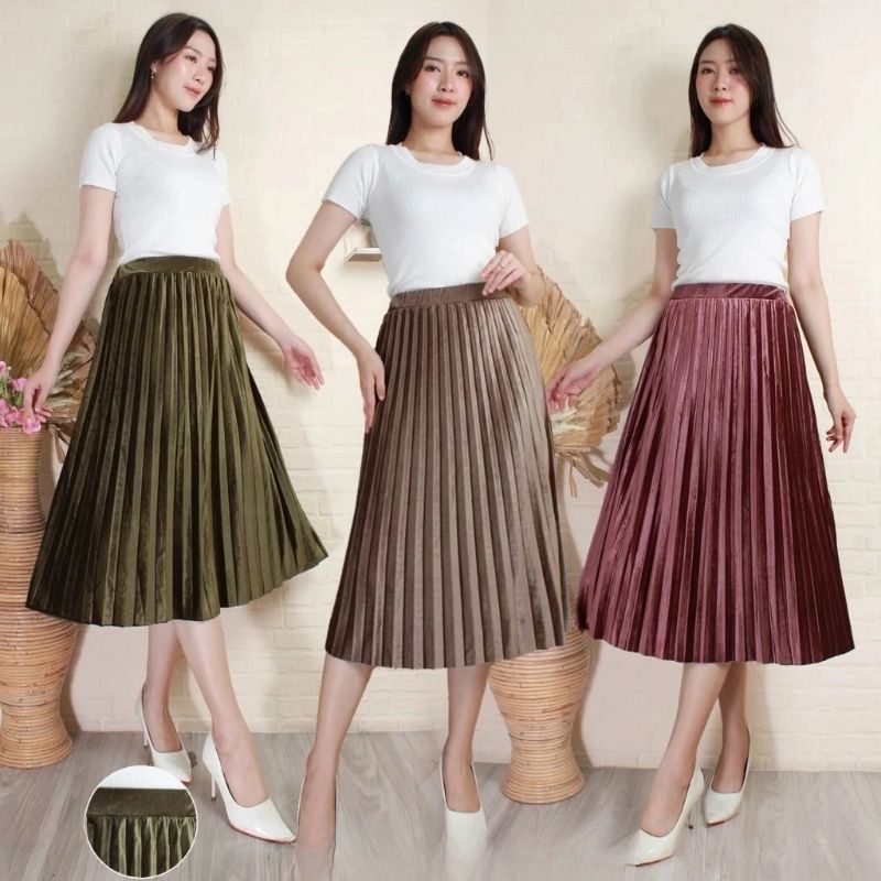 Rok Bludru Plisket Import Premium 7 8/Rok Bludru Pendek/Rok Plisket Velvet