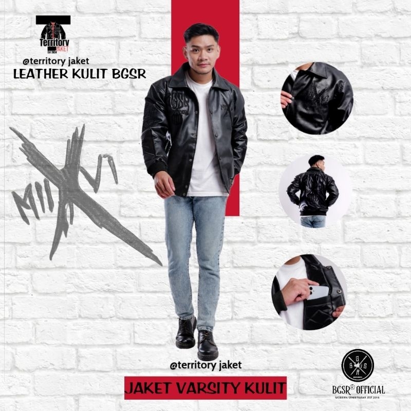 Jaket Varsity BGSR Semi Kulit Vintage Jacket Leather full Black