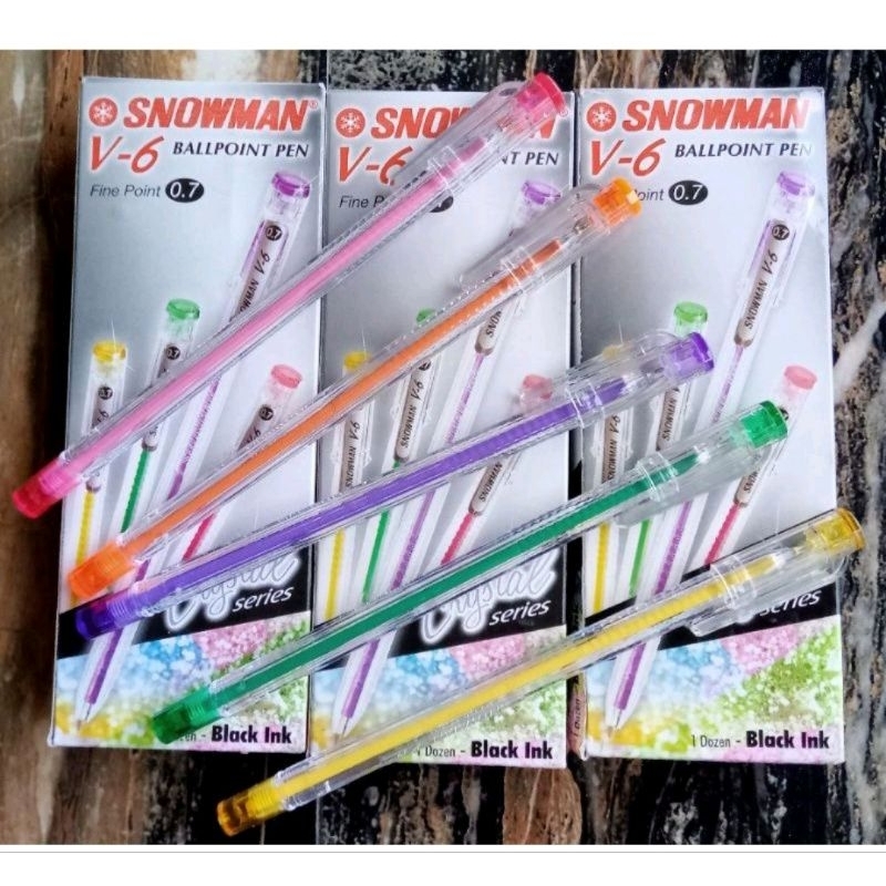 

Bolpoin Snowman V-6 , V-7 dan V-8 Tinta hitam Original (1 kotak isi 12 pcs)