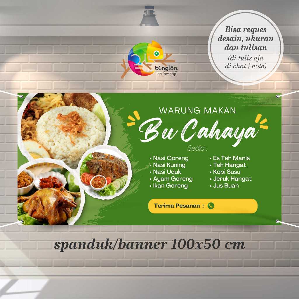 Cetak Spanduk Banner Hijau dan Kuning Modern Banner Menu Warung Makanan dan Minuman