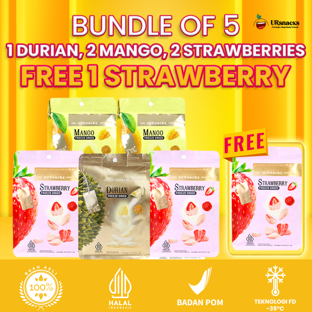 

URSNACKS Bundle Of 5 BEST SELLER [FREE STRAWBERRY] [LIVE] - Freeze Dried Keripik Sehat 1Pcs Durian 32 gr + 2Pcs Mango 32 gr + 2Pcs Strawberry 22 gr - Snack Keripik Buah Asli Halal BPOM