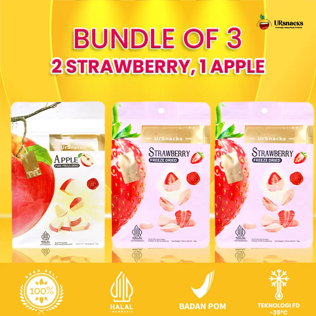 

URSNACKS Bundle Of 3 - Freeze Dried 2Pcs Strawberry 22gr + 1Pcs Apple 22gr -Snack Keripik Buah Asli Halal BPOM