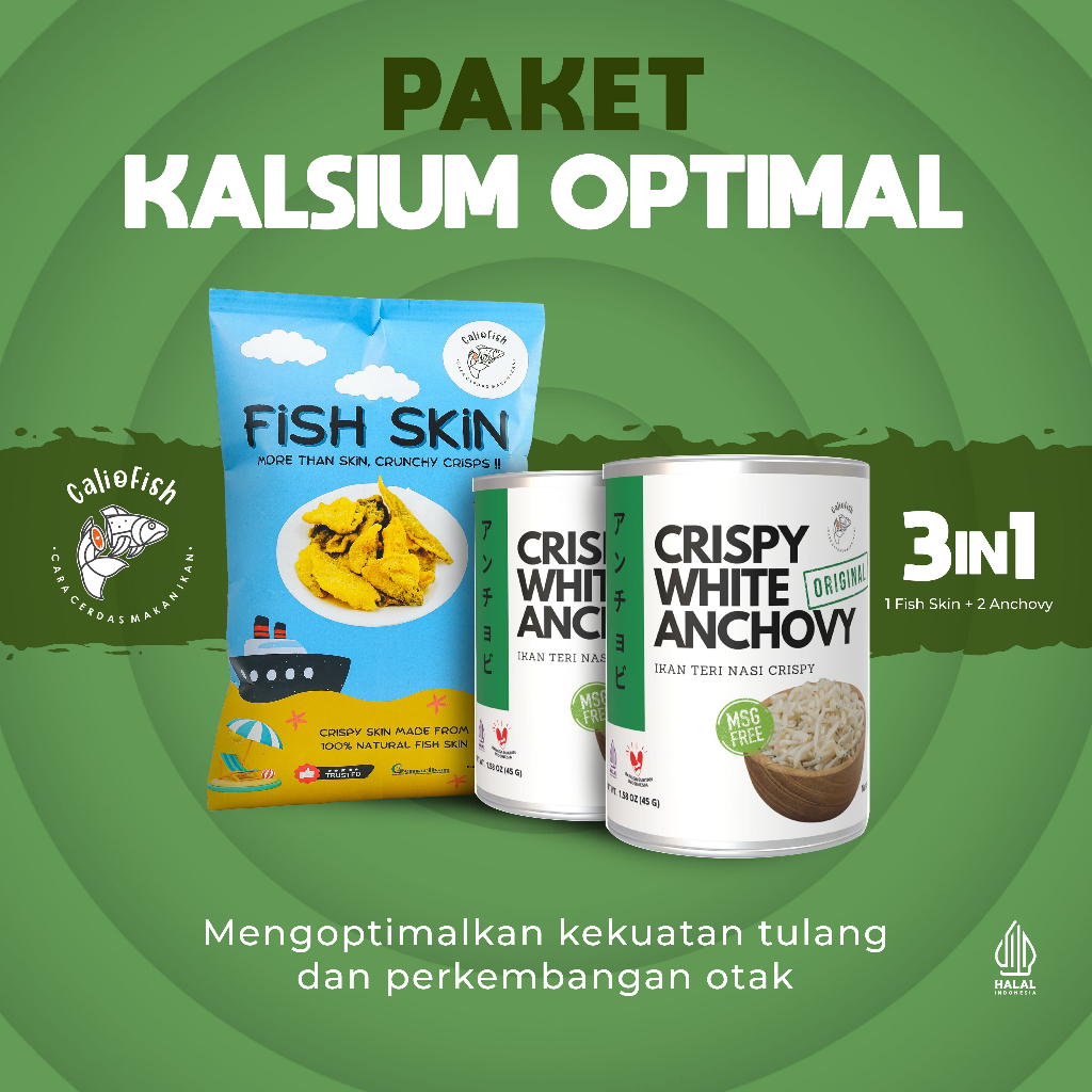 

Caliofish Paket Kalsium Optimal 3in1 Fish Skin Kerupuk Kulit Ikan Patin, Crispy white anchovy Ikan Teri Krispi | paket Hemat