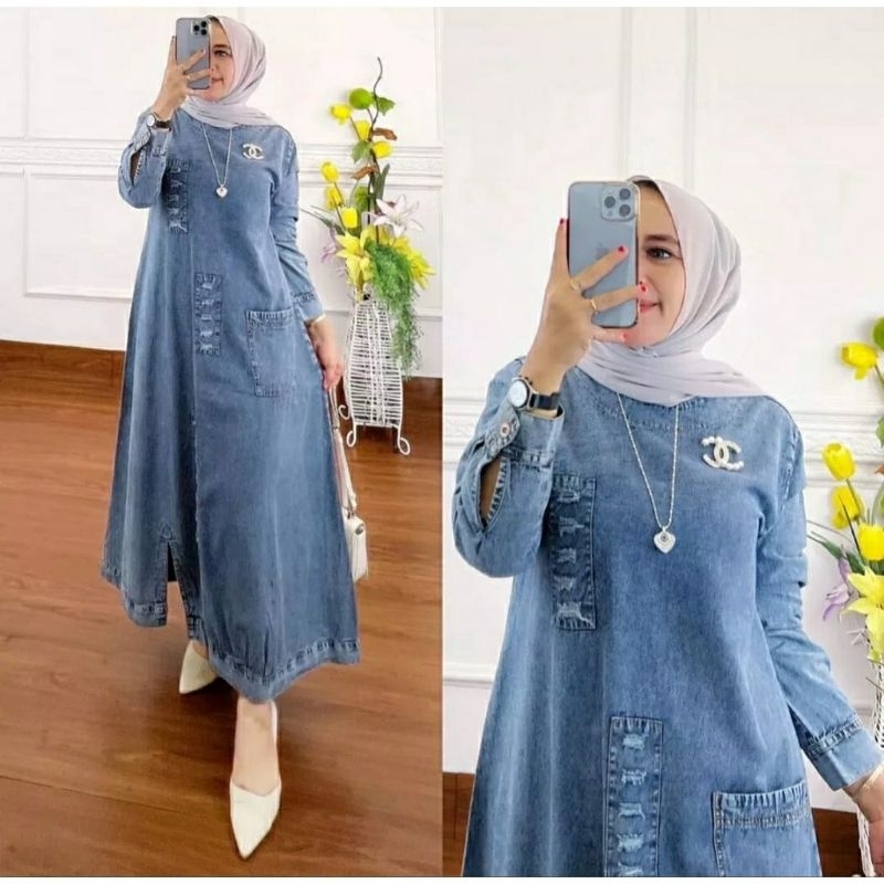 Hikmahhijab - Gamis Jeans Briska Maxy | Dress Light Snow | Baju Muslim Wanita | Pakaian Wanita Model
