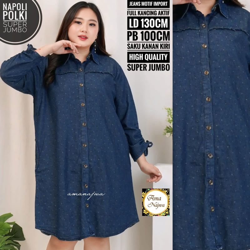 TUNIK JEANS JUMBO LD 130 ATASAN KEMEJA WANITA JUMBO DONA | KUBIK | POLKA | HELLO#2 TUNIK