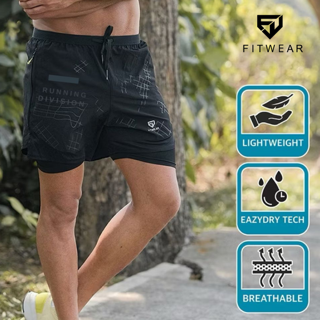 Fitwear - Celana Lari + Inner Dryfit Pria FELIX ABSTRK SHORT - BLACK - M - 3XL