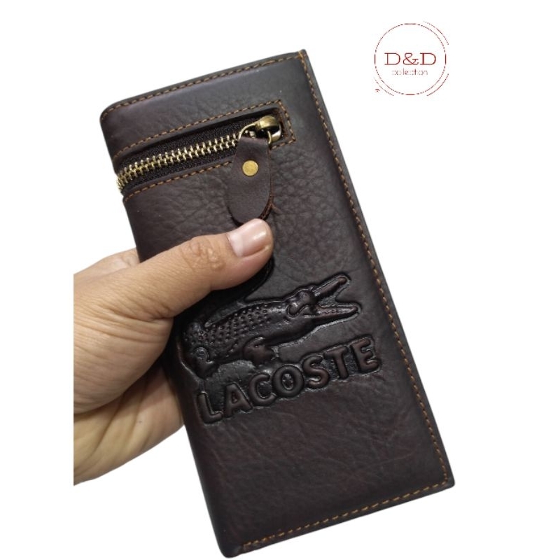 Lacoste dompet pria panjang lipat dua bahan kulit