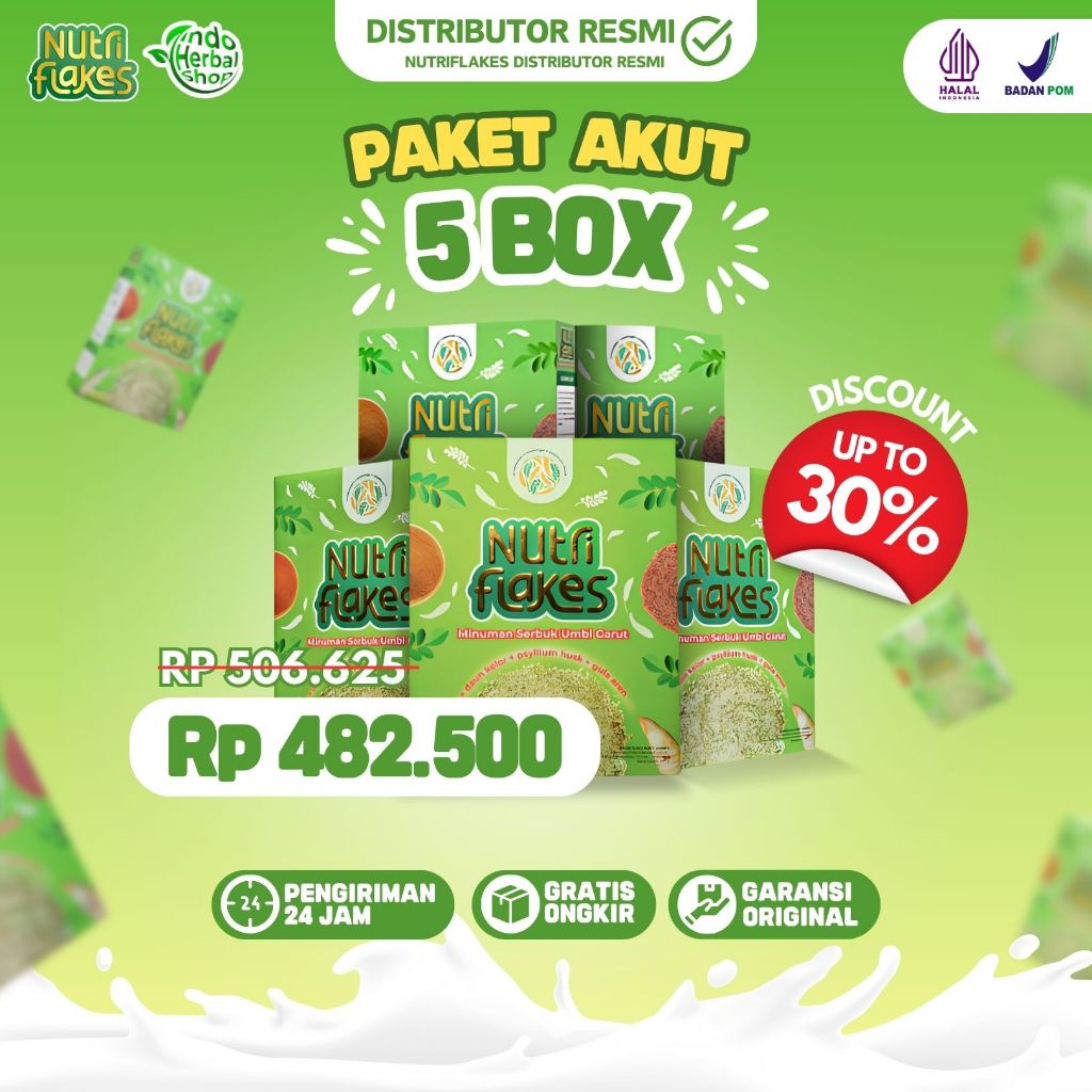 

PAKET AKUT 5 BOX NUTRIFLAKES Umbi Garut Bantu Atasi Asam Lambung Maag Lancarkan Pencernaan Diet