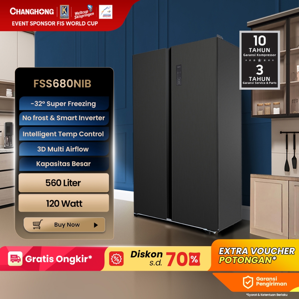 CHANGHONG Kulkas 2 Pintu Side by Side  FSS680NIB [560 L] ( Kulkas Inverter) (Kulkas Anti Bunga Es) (