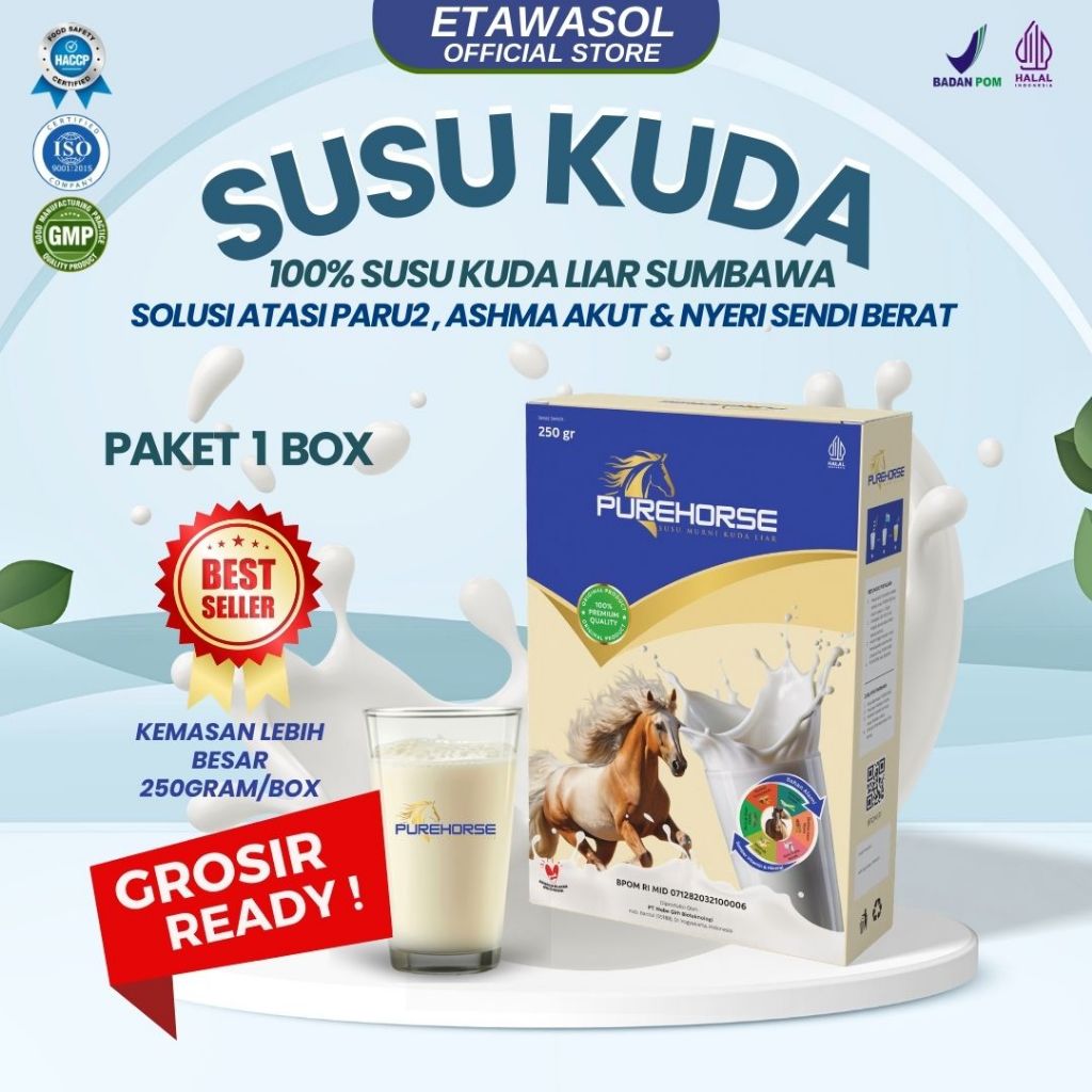 

Susu Kuda Pure Horse 100% Original dari Sumbawa Untuk Keluhan Sesak Nafas Akut dan Nyeri Sendi Berat Kemasan 250gram Paket 1 BOX