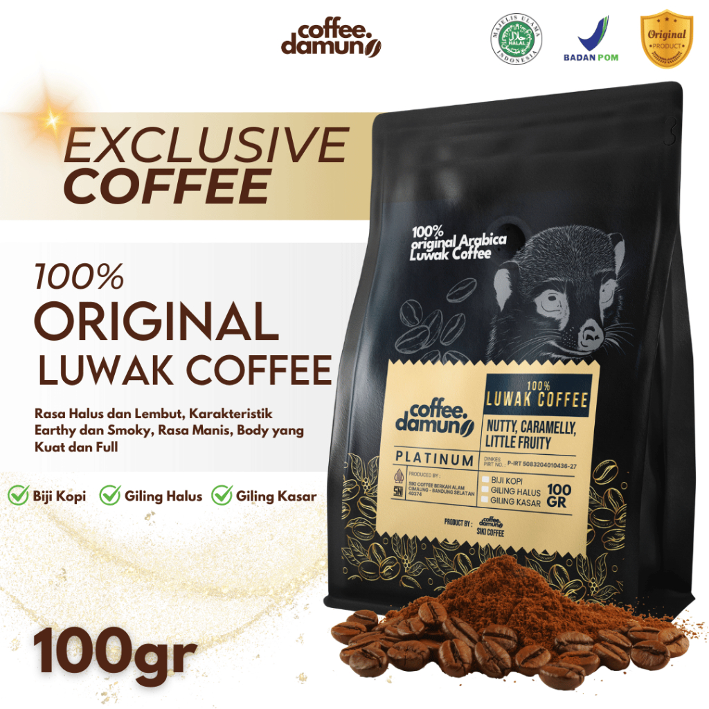

Exlusive Series Beans Kopi Biji Giling 100% PLATINUM Coffee Luwak Liar Asli 100gr