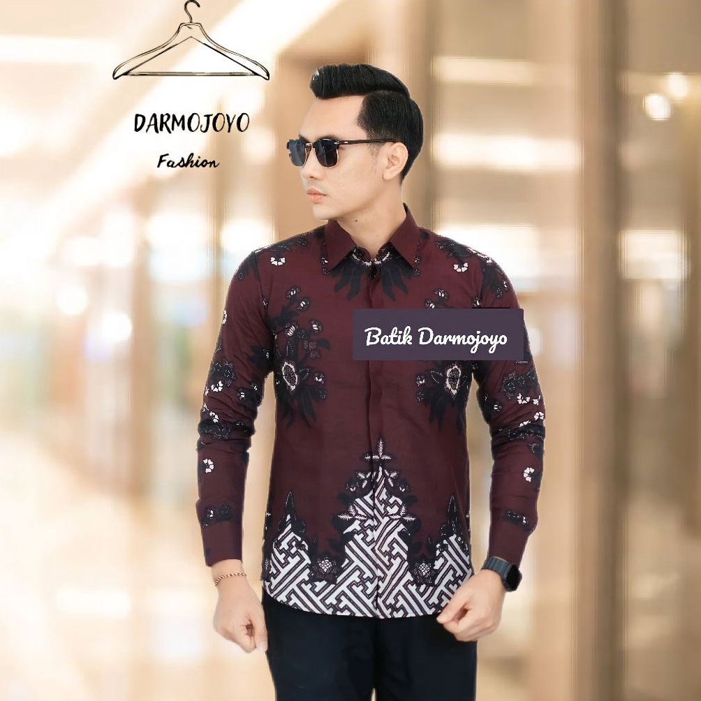 KODE N47C OOTD Baju Cowok Kemeja Batik Pria Original Motif Kembang marron Laskala
