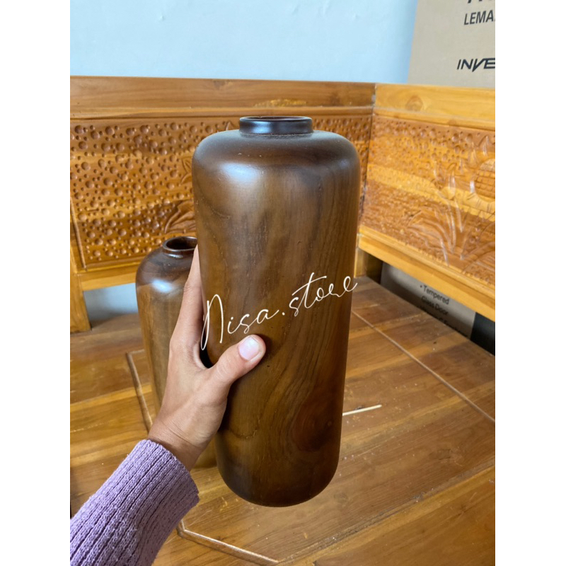 Vas bunga kayu jati polos/vas bunga meja/vas kayu jati