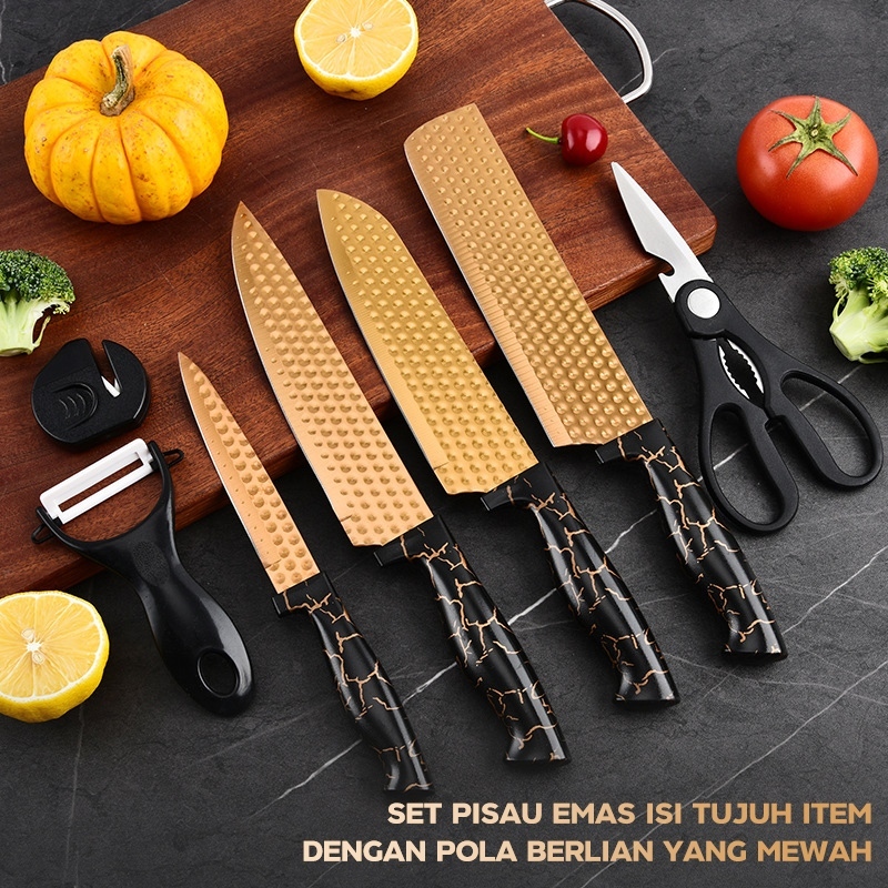 TERMURAH TEXANIA Set Pisau Stainless Steel isi 7pcs itanium Warna Gold Peralatan Dapur 7PCS