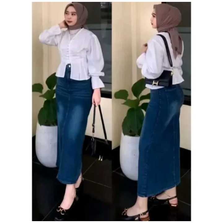 Rok Jeans Span Cessa Denim Span Wanita Panjang