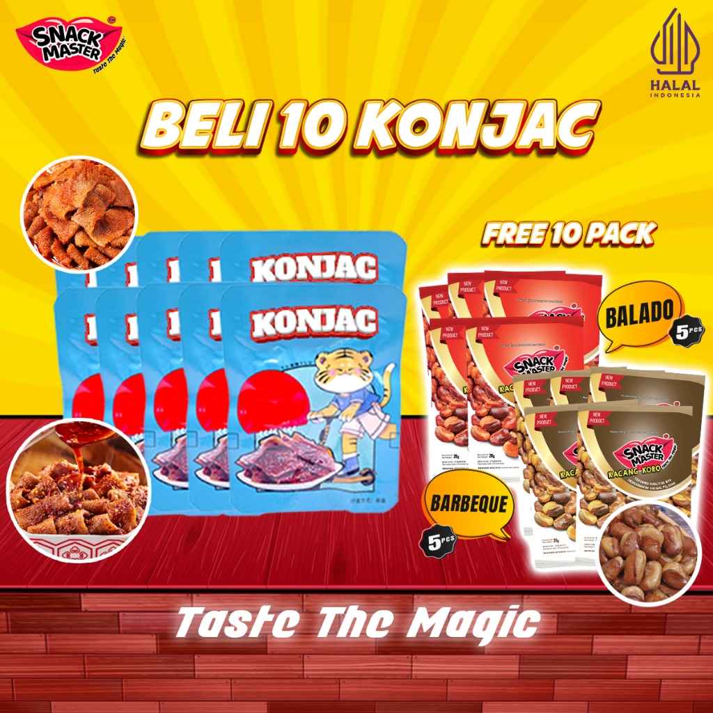 

【BUY 10 GET 10 - BUY 10 GET 5】Konjac 10pcs GRATIS Kacang Koro Kulit 10 pcs Mix Rasa Balado dan BBq/ Konjac 10 pcs Gratis 5 Steak tahu/ Pedas Camilan Isi Spice Food Makanan Snack Master Cemilan Spicy Halal