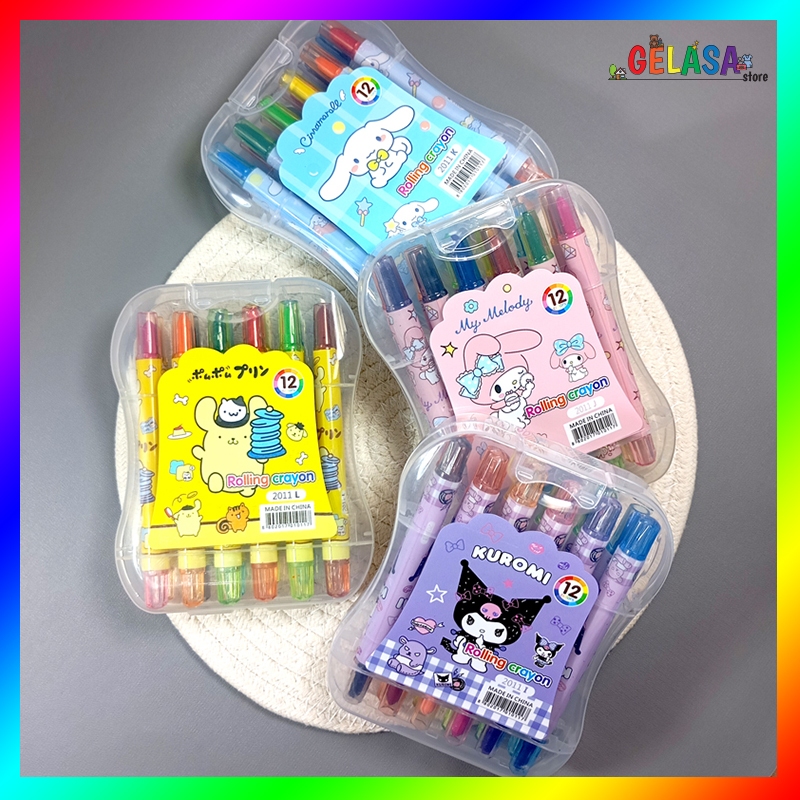 

Gelasa Rolling Crayon Set with case Krayon Putar isi 12 motif Sanrio