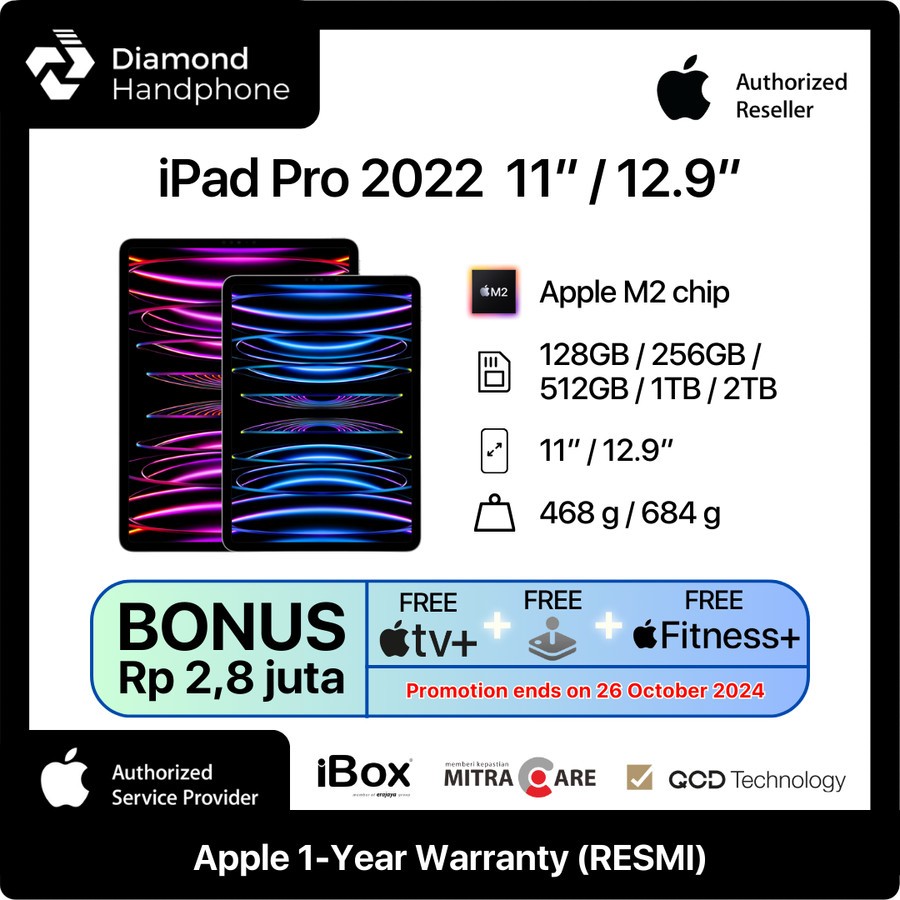 Apple iPad Pro M2 2022 4th 11 / 6th 12.9 inch WIFI 128GB 256GB 5126GB 1TB Garansi Resmi