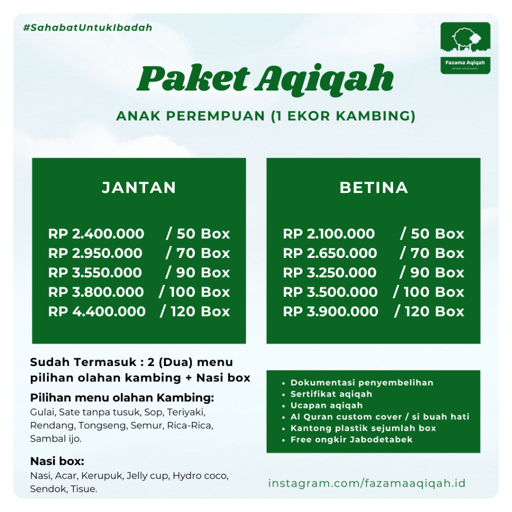 

Paket Aqiqah - Perempuan (1 Ekor Kambing)