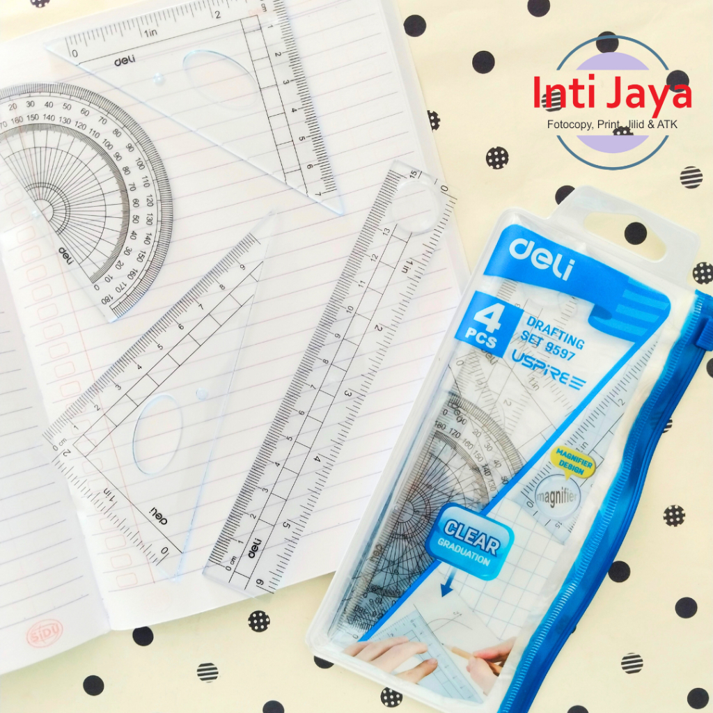 

Penggaris Set Deli Persegi Busur Derajat Transparan 4 pcs