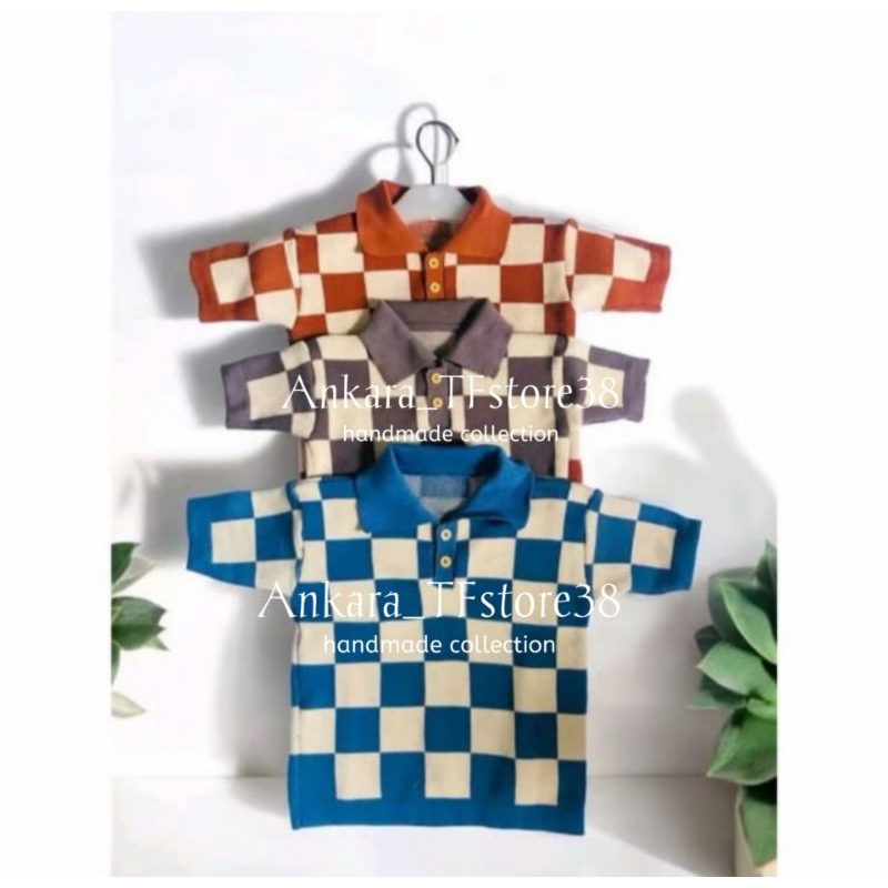 baju kaos rajut anak laki-laki & perempuan model polo motif Tartan bahan PE Polyester Gramasi tebal 