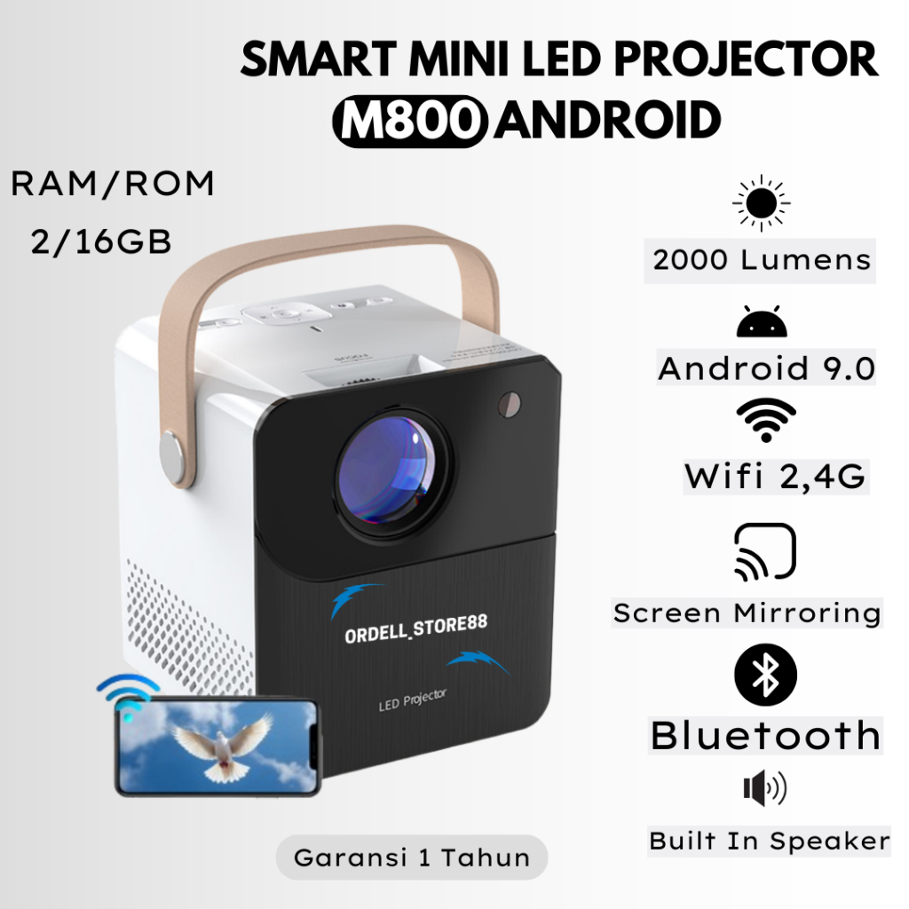 Proyektor Mini LED M800 Android 9.0 Wifi 2000 Lumens Proyektor Mini Android Proyektor Mini Portable