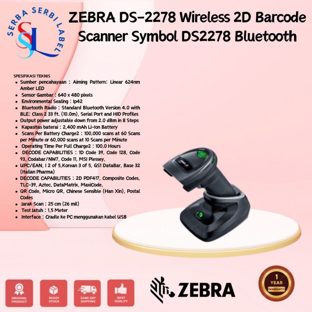 ZEBRA DS-2278 Wireless 2D BarcodeScannerSymbol DS2278 Bluetooth|Scanner Barcode ZEBRA Li-4278 Li4278