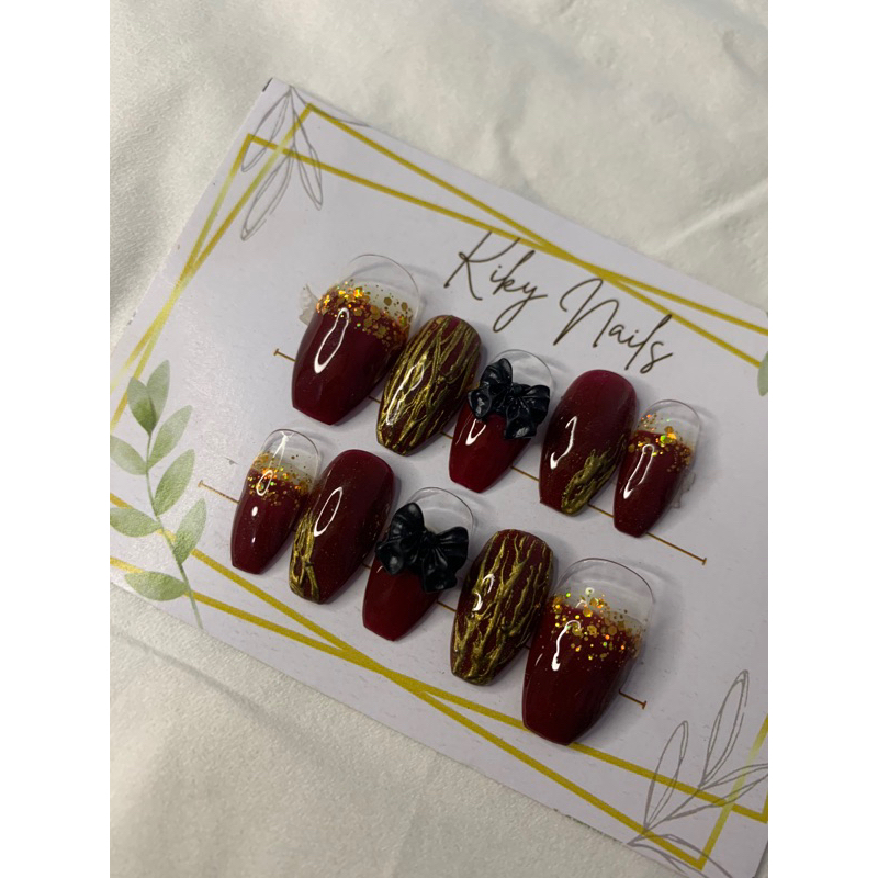 KikyNails.id - Press On Naila Maroon + Bening Bunga Glitter Gold Cantik Elegan Lamaran Wisuda Weddin