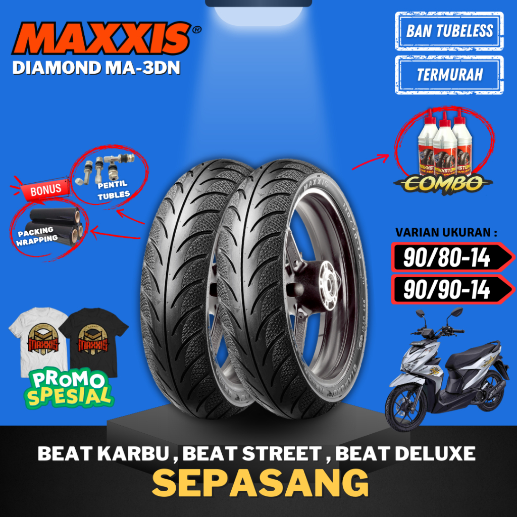 [PAKET SEPASANG TERMURAH] BAN MAXXIS DIAMOND MA-3DN TUBELESS ( 90/80-14 / 90/90-14 ) BAN MOTOR MATIC