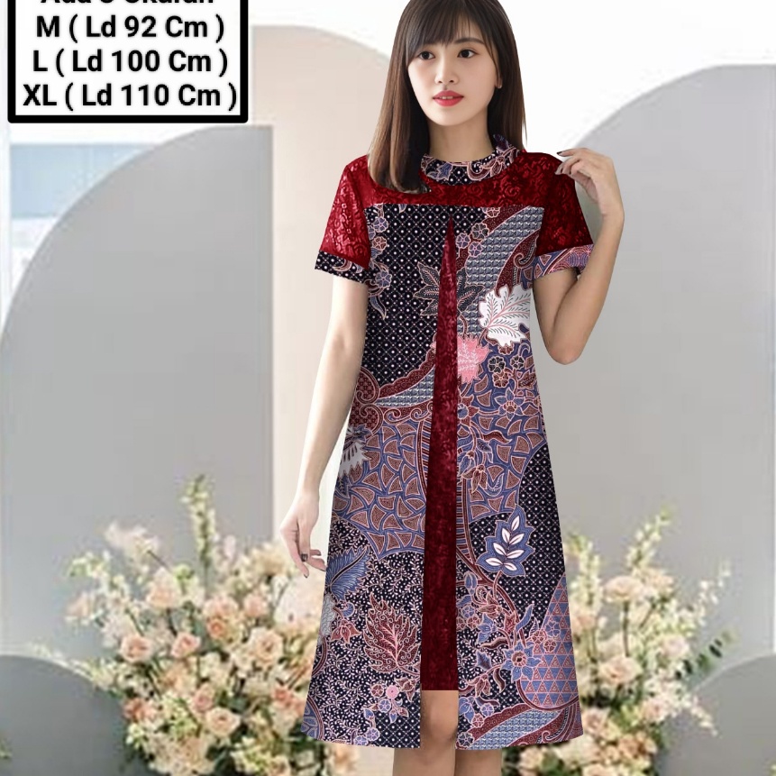 Terbaik Dress Midi Model Batik Kombinasi Brokat Mutiara Cocok Untuk KondanganDress Cantika Batik Siz