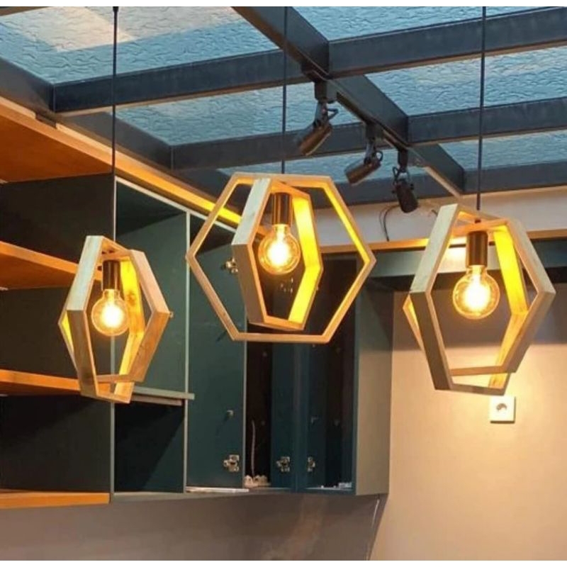 Lampu Gantung Hexagonal Lampu Hias Kayu Jati Belanda(Tanpa Lampu)