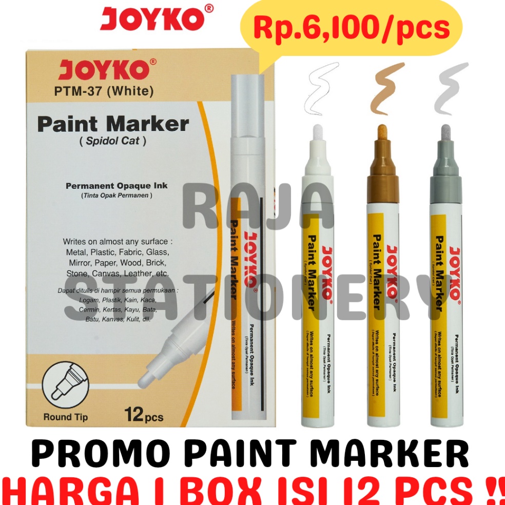 KODE E66D JOYKO PERMANENT PAINT MARKER WHITE GOLD SILVER BLACK SPIDOL KACA CAT PUTIH EMAS ABU HITAM 