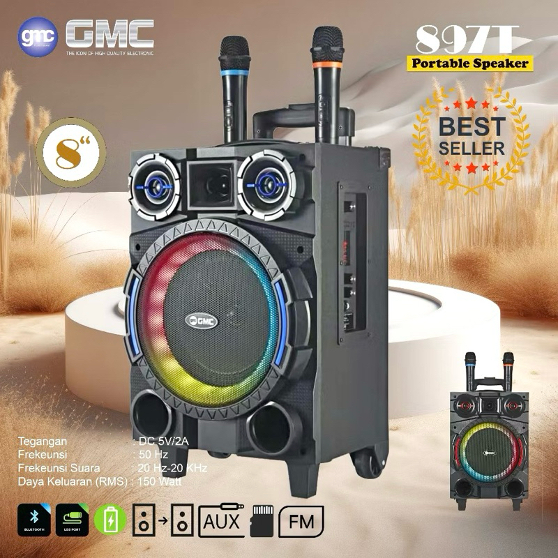 Speaker Portable Bluetooth Karaoke GMC 897T 897 T Bonus 2 Mic Wireless Amplimeeting