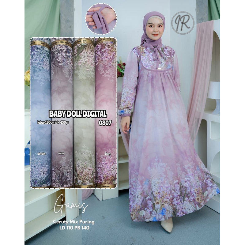 Naura Dress muslim - One set isi 2 Dres printing premium plus Hijab motif bunga cantik Bahan Ceruty 
