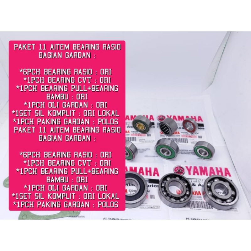 Paket 11aitem bearing Rasio 6PCH Mio M3+Bearing CVT+ Bearing pully+Oli gardan+Sil komplit+paking Mio