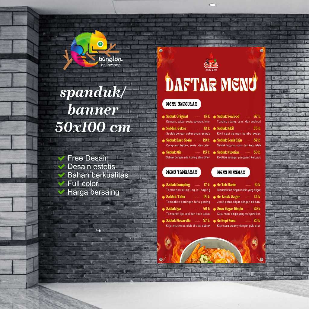 Cetak Spanduk Banner Merah Membara Menu Seblak Promosi