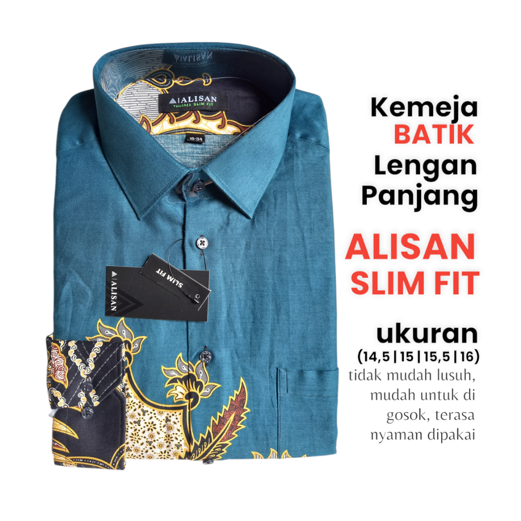 Kemeja Batik Alisan Lengan Panjang Warna Biru. Slimfit